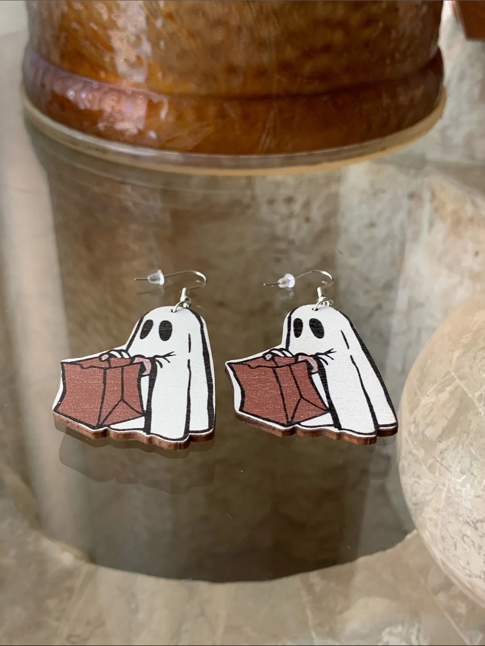 Wooden Ghost with Bag White and Brown Novelty Earrings